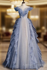Blue Off Shoulder Tulle Sequin Beading Long Evening Prom Dresses, Blue Formal Dresses